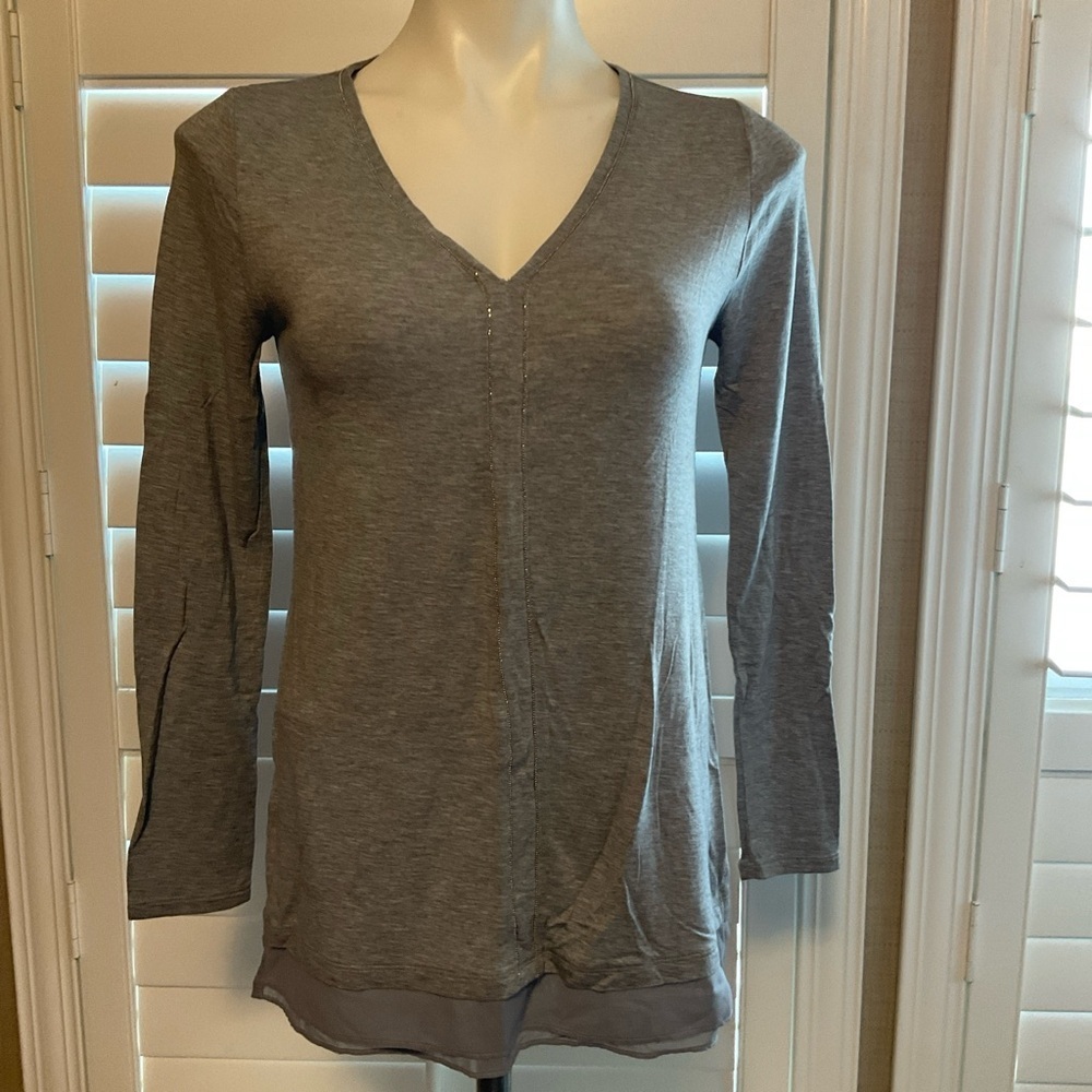 Gray V‑Neck Long Sleeve Tunic with Sheer Hem